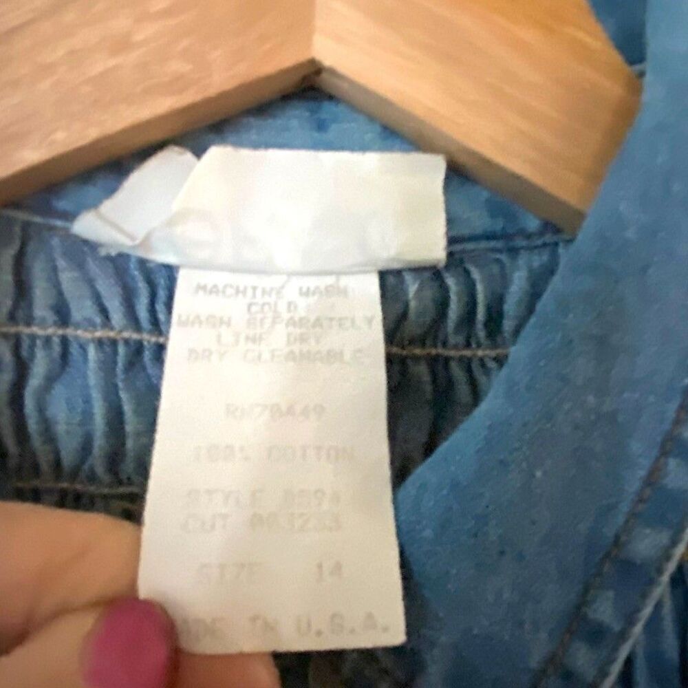 Flora C Vintage 100% Cotton 80’s 90’s Denim Dress Smocked Bodice Made In USA 14 - Picture 5 of 7
